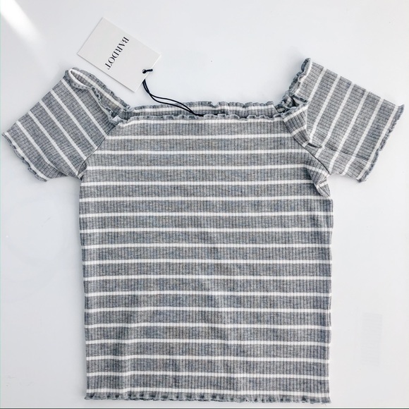 Bardot Tops - BARDOT Lea Grey Stripe Off Shoulder Stripe Top